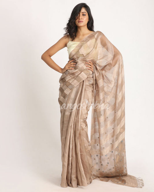 Beige Matka Silk Handloom Traditional Sequin Jamdani Saree angoshobha