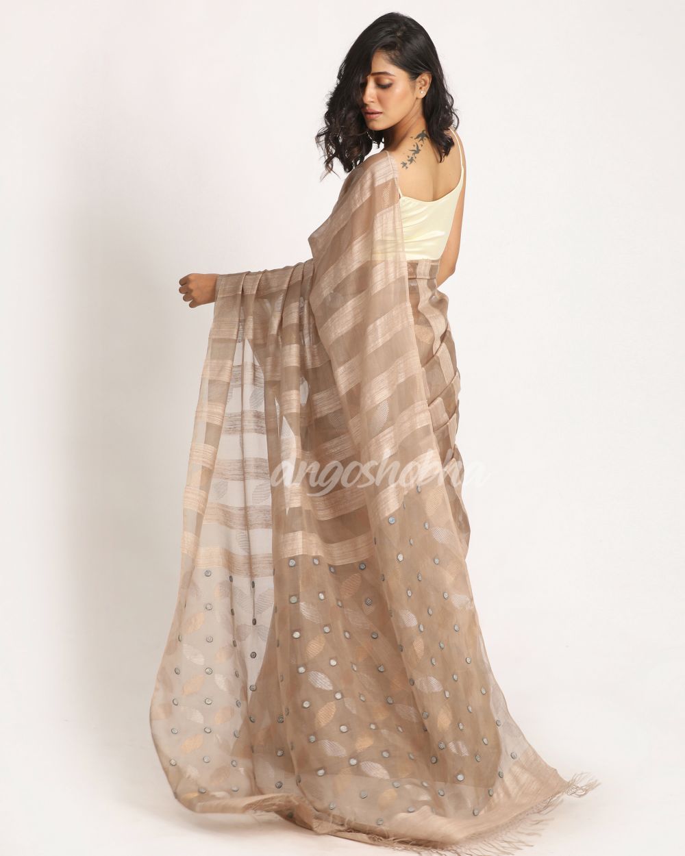 Beige Matka Silk Handloom Traditional Sequin Jamdani Saree angoshobha