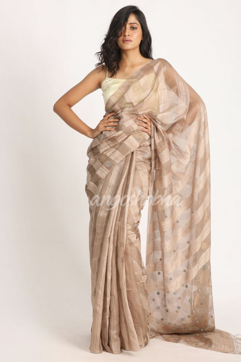 Beige Matka Silk Handloom Traditional Sequin Jamdani Saree