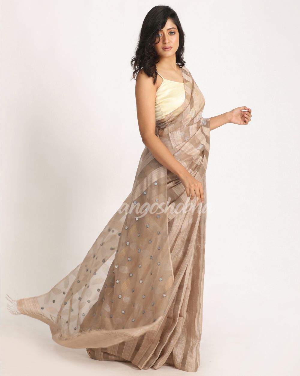 Beige Matka Silk Handloom Traditional Sequin Jamdani Saree angoshobha