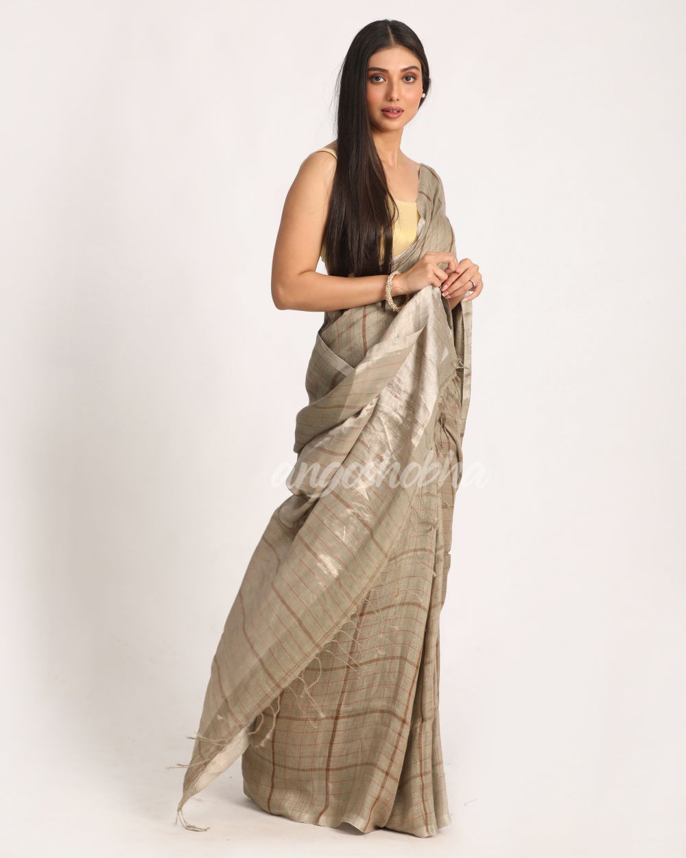 Beige Silver Traditional Handloom Check Linen Saree angoshobha