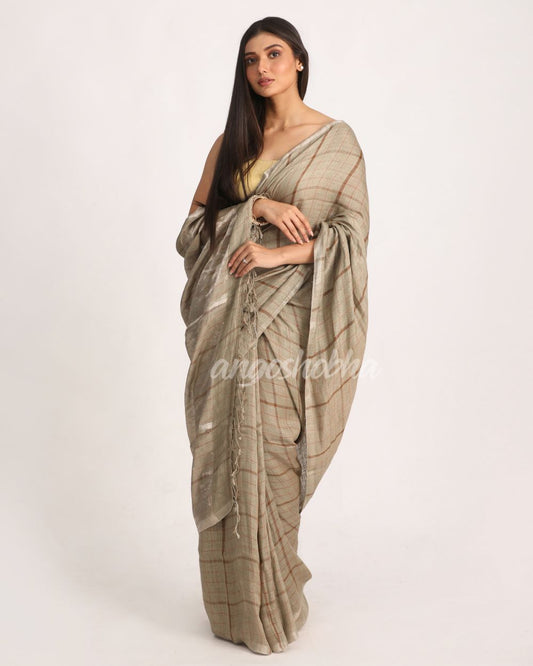 Beige Silver Traditional Handloom Check Linen Saree angoshobha