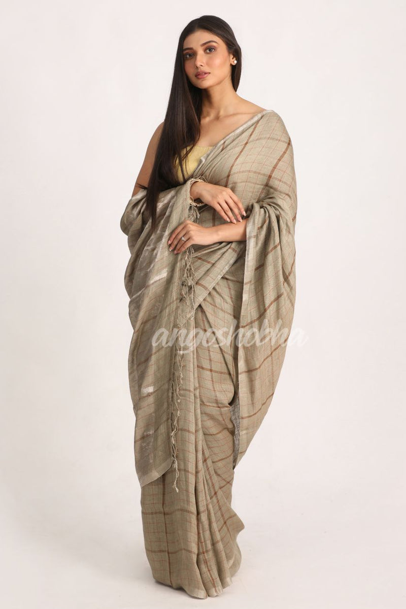 Beige Silver Traditional Handloom Check Linen Saree