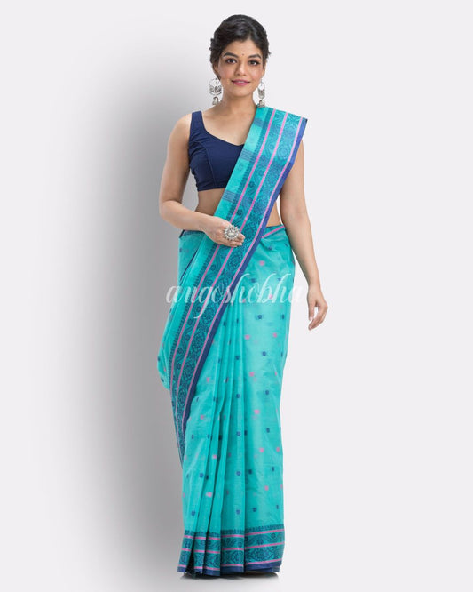 Bengal Cotton Aqua Tangail Tant Saree angoshobha