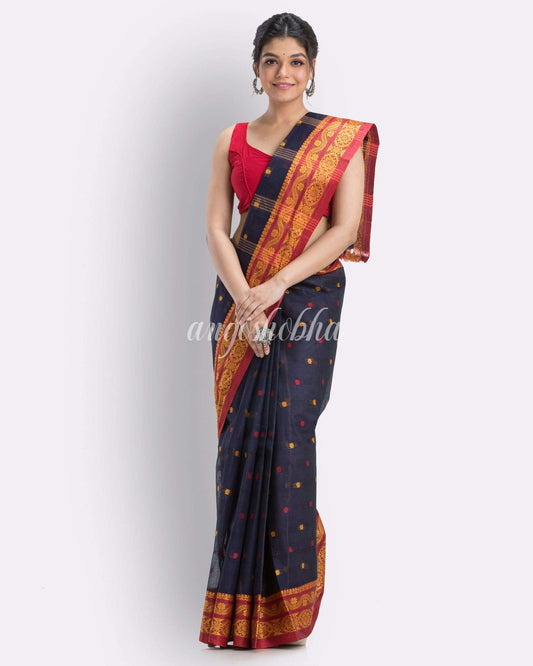 Bengal Cotton Navyblue Tangail Tant Saree angoshobha