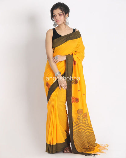 Bengal Yellow Handwoven Mol Mol Cotton Saree angoshobha