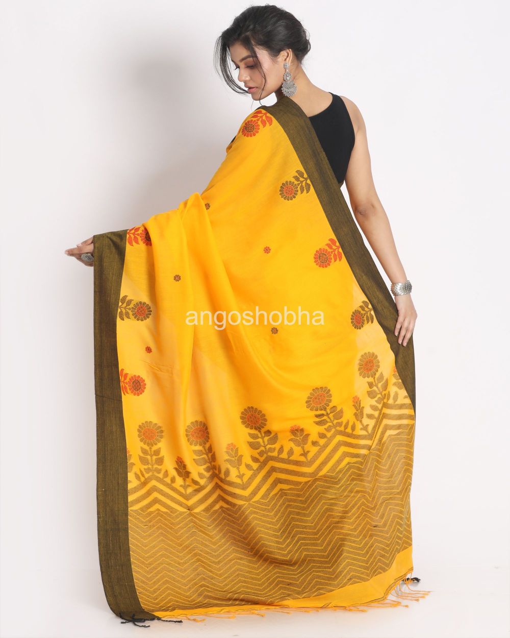 Bengal Yellow Handwoven Mol Mol Cotton Saree angoshobha