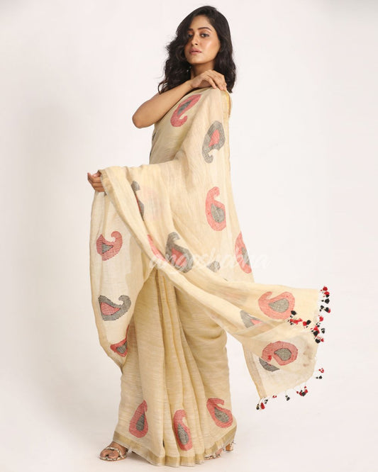 Bisque Traditional Handloom Linen Jamdani Saree angoshobha