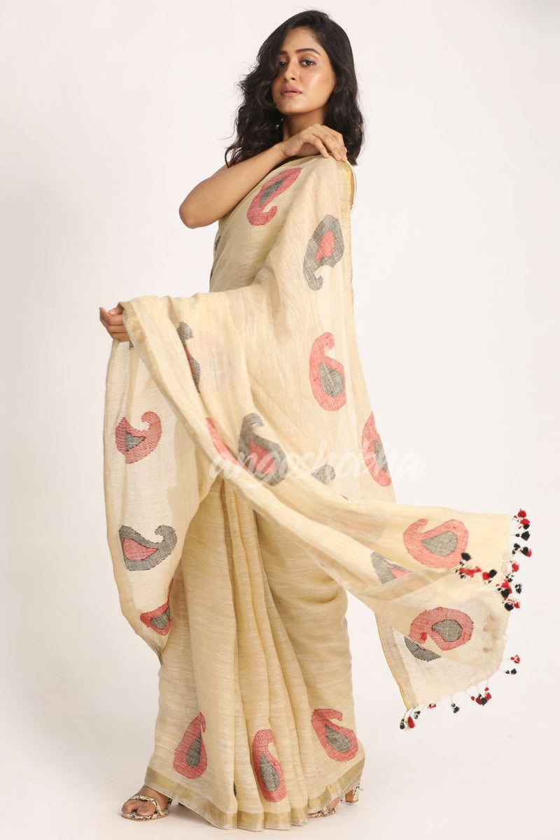 Bisque Traditional Handloom Linen Jamdani Saree