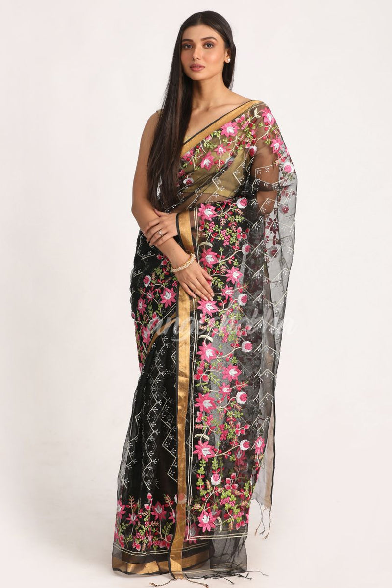 Black Art Silk Muslin Handloom Embroidery Saree