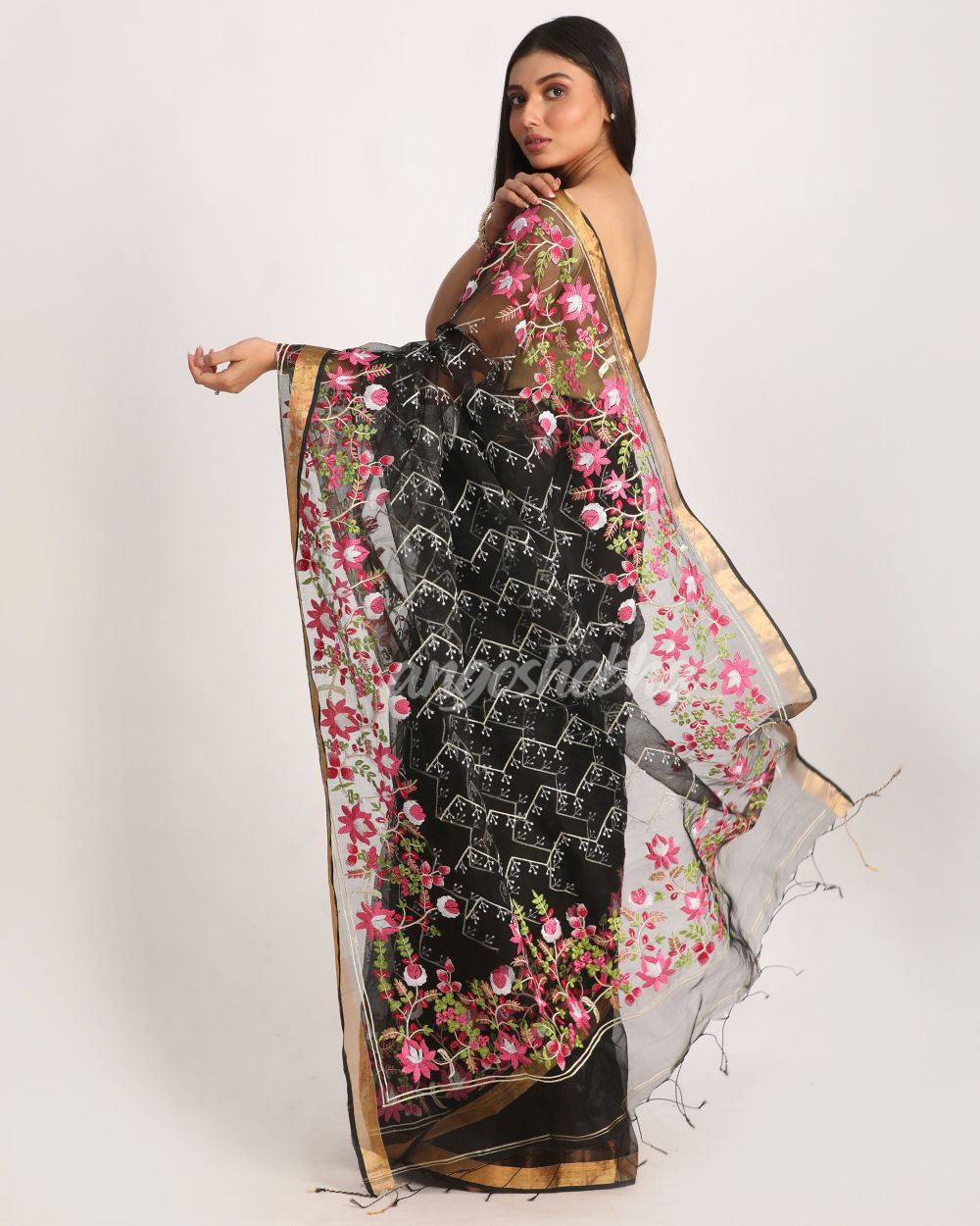 Black Art Silk Muslin Handloom Embroidery Saree angoshobha