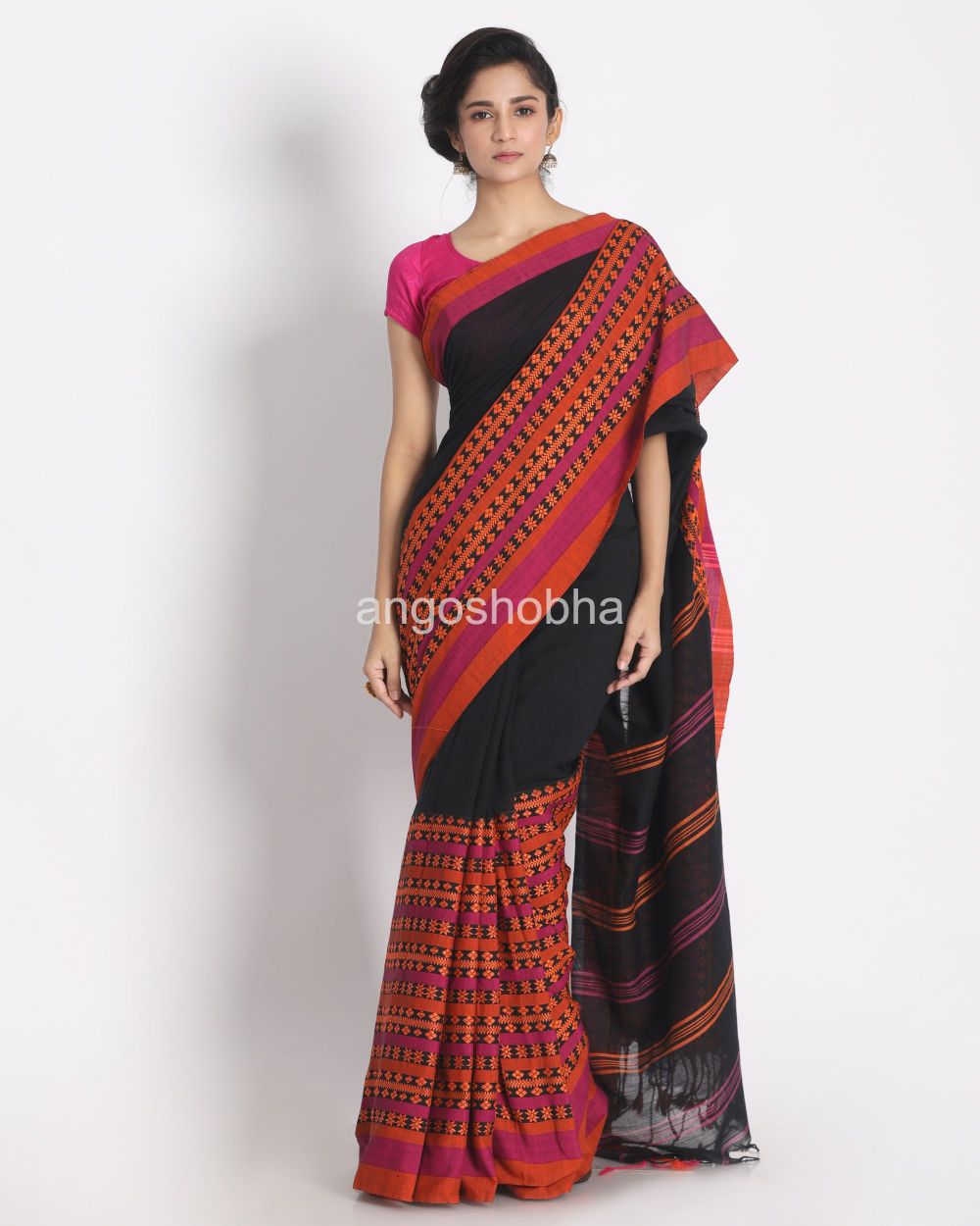 Black Begampuri Organic Khadi Cotton Saree angoshobha