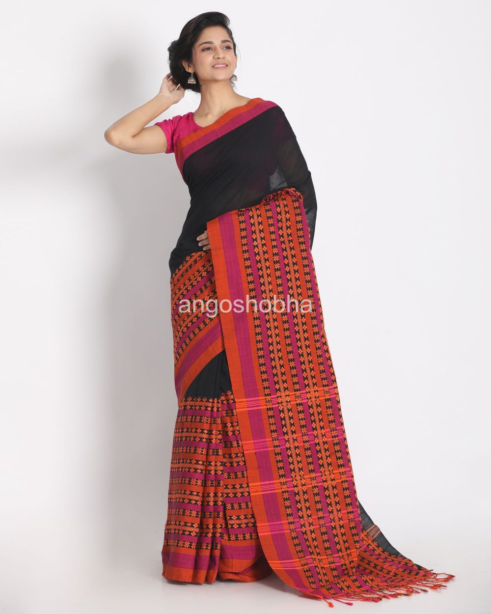 Black Begampuri Organic Khadi Cotton Saree angoshobha