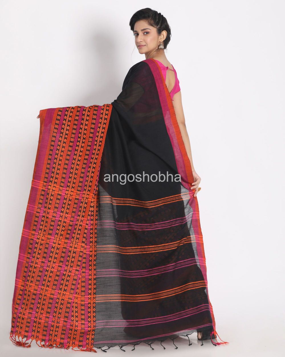 Black Begampuri Organic Khadi Cotton Saree angoshobha