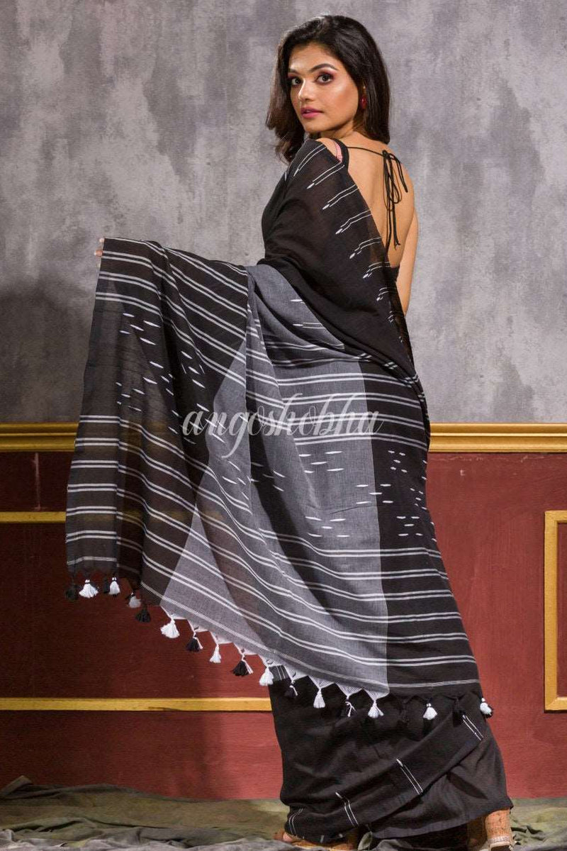 Black Beige Handwoven Cotton Saree