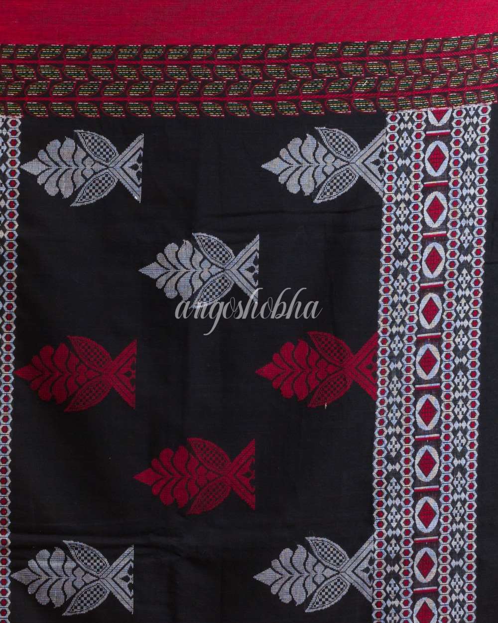 Black Beige Handwoven Kantha Stitch Saree angoshobha