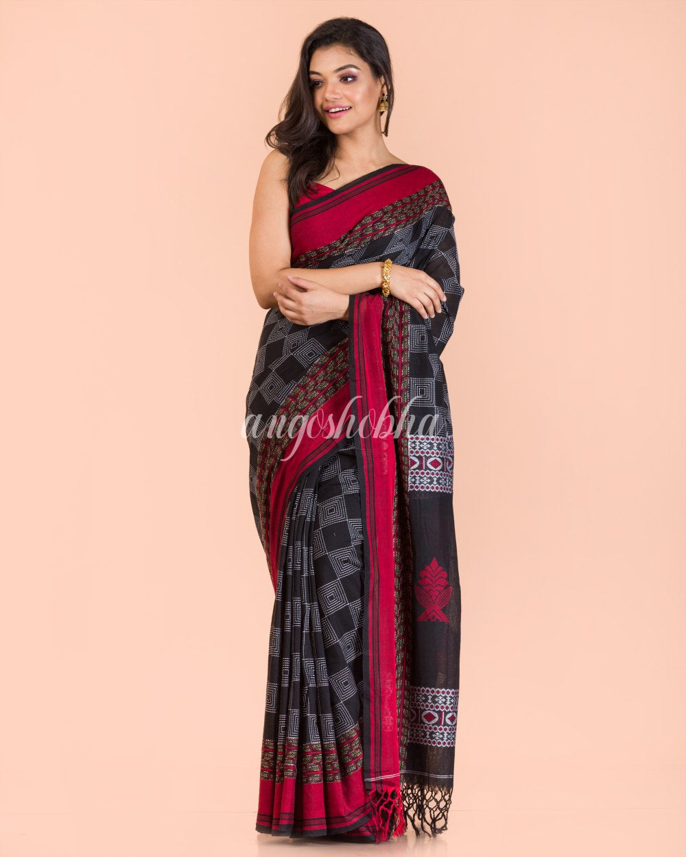 Black Beige Handwoven Kantha Stitch Saree angoshobha