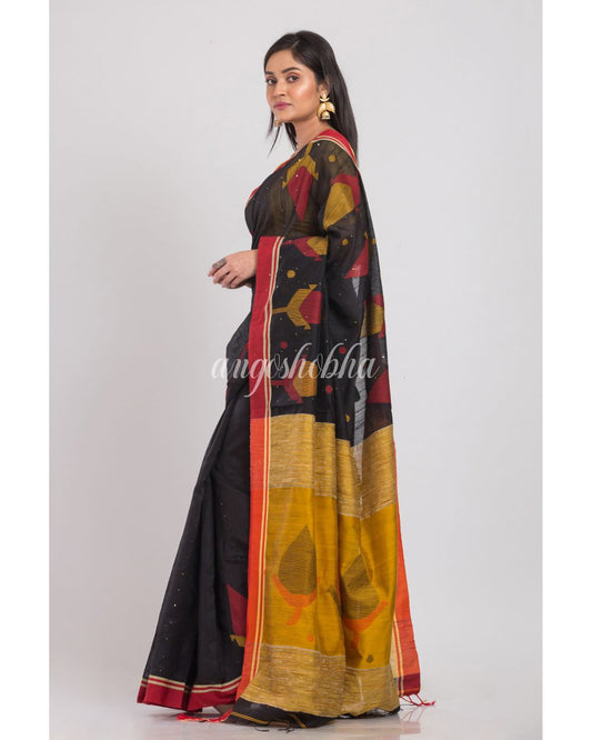 Black Blended Cotton Jamdani Saree angoshobha