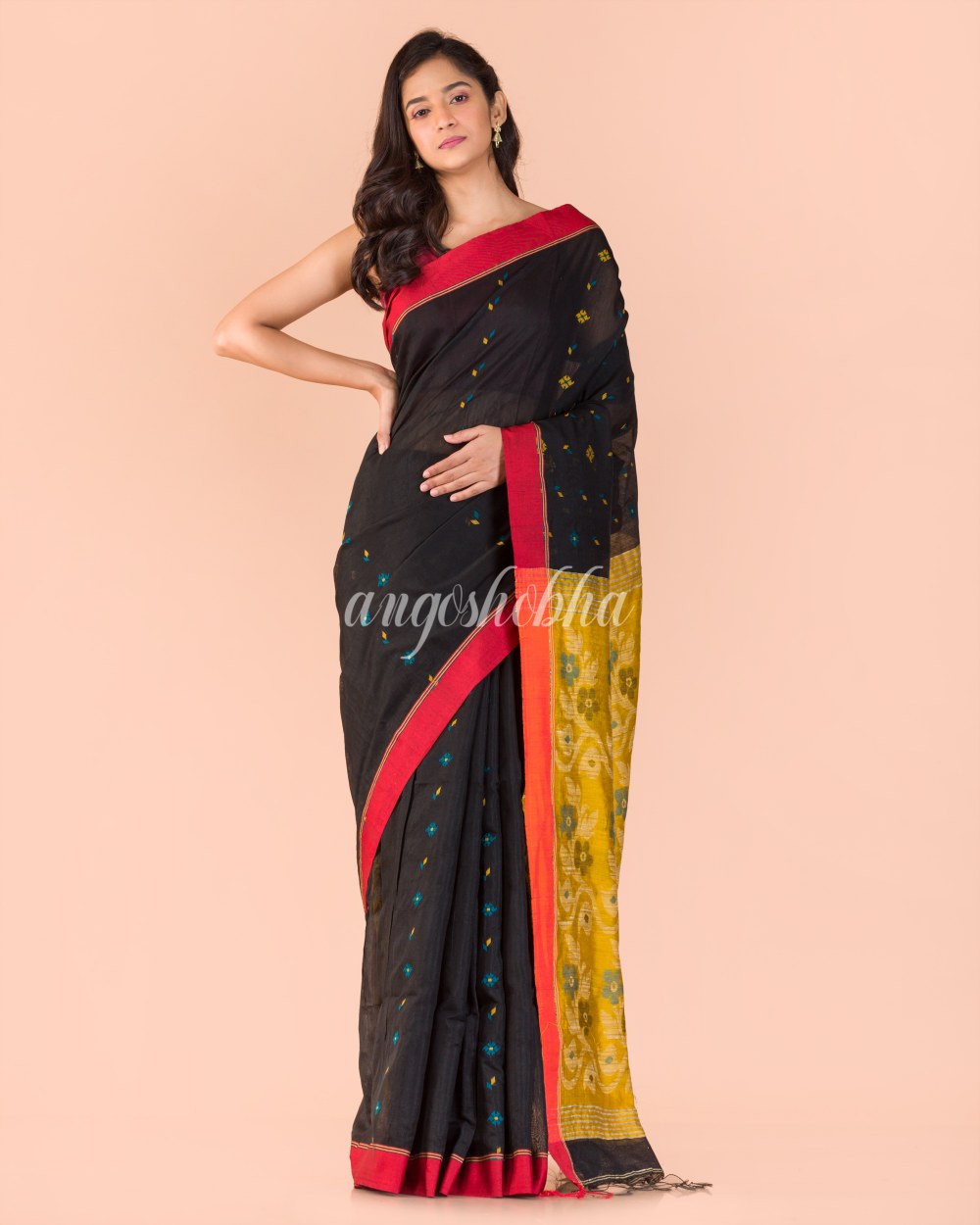 Black Blended Cotton Jamdani Saree angoshobha