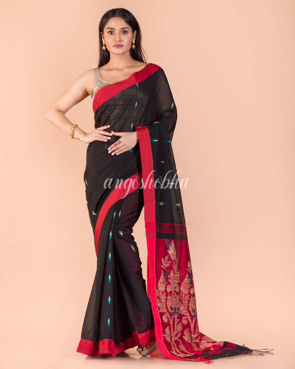 Black Blended Cotton Jamdani Saree angoshobha