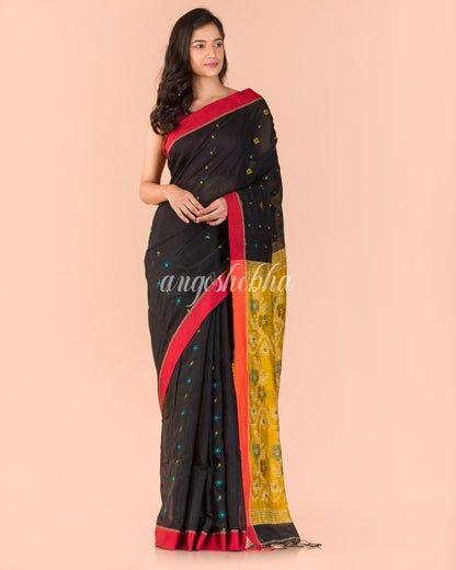 Black Blended Cotton Jamdani Saree angoshobha