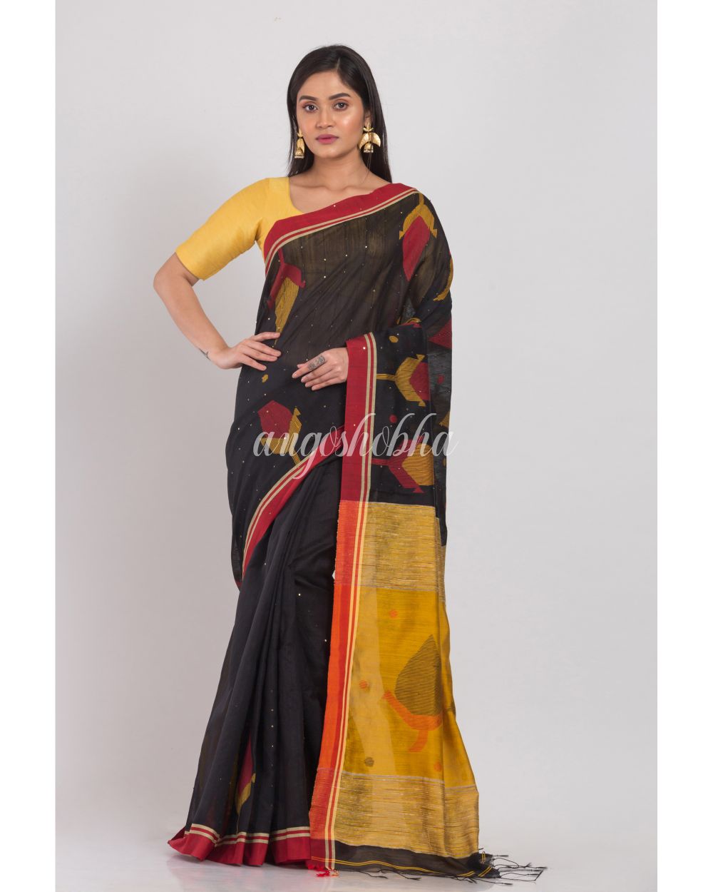 Black Blended Cotton Jamdani Saree angoshobha
