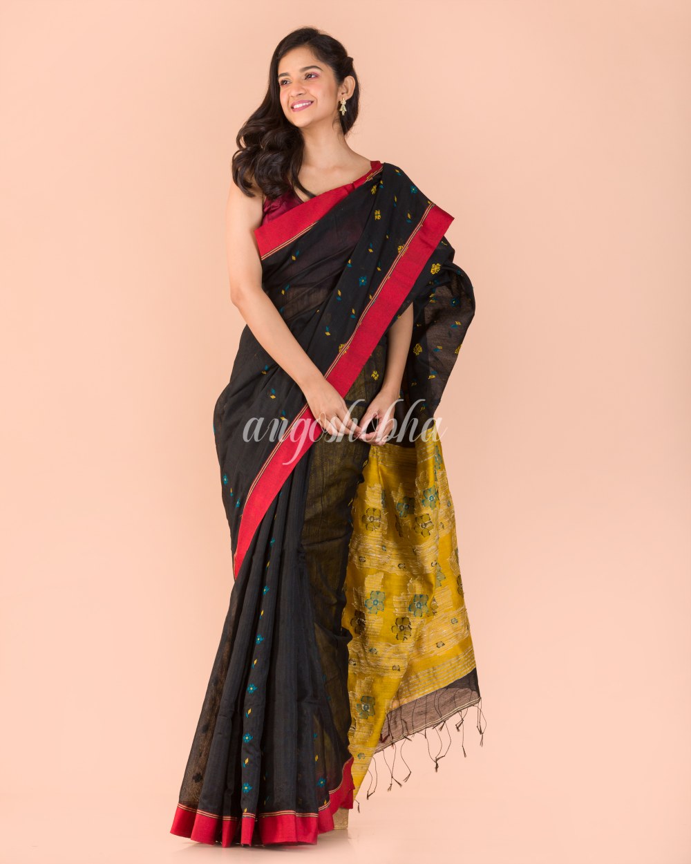 Black Blended Cotton Jamdani Saree angoshobha