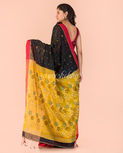 Black Blended Cotton Jamdani Saree angoshobha