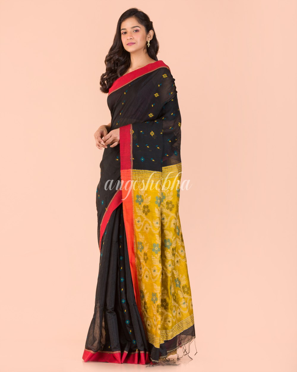 Black Blended Cotton Jamdani Saree angoshobha