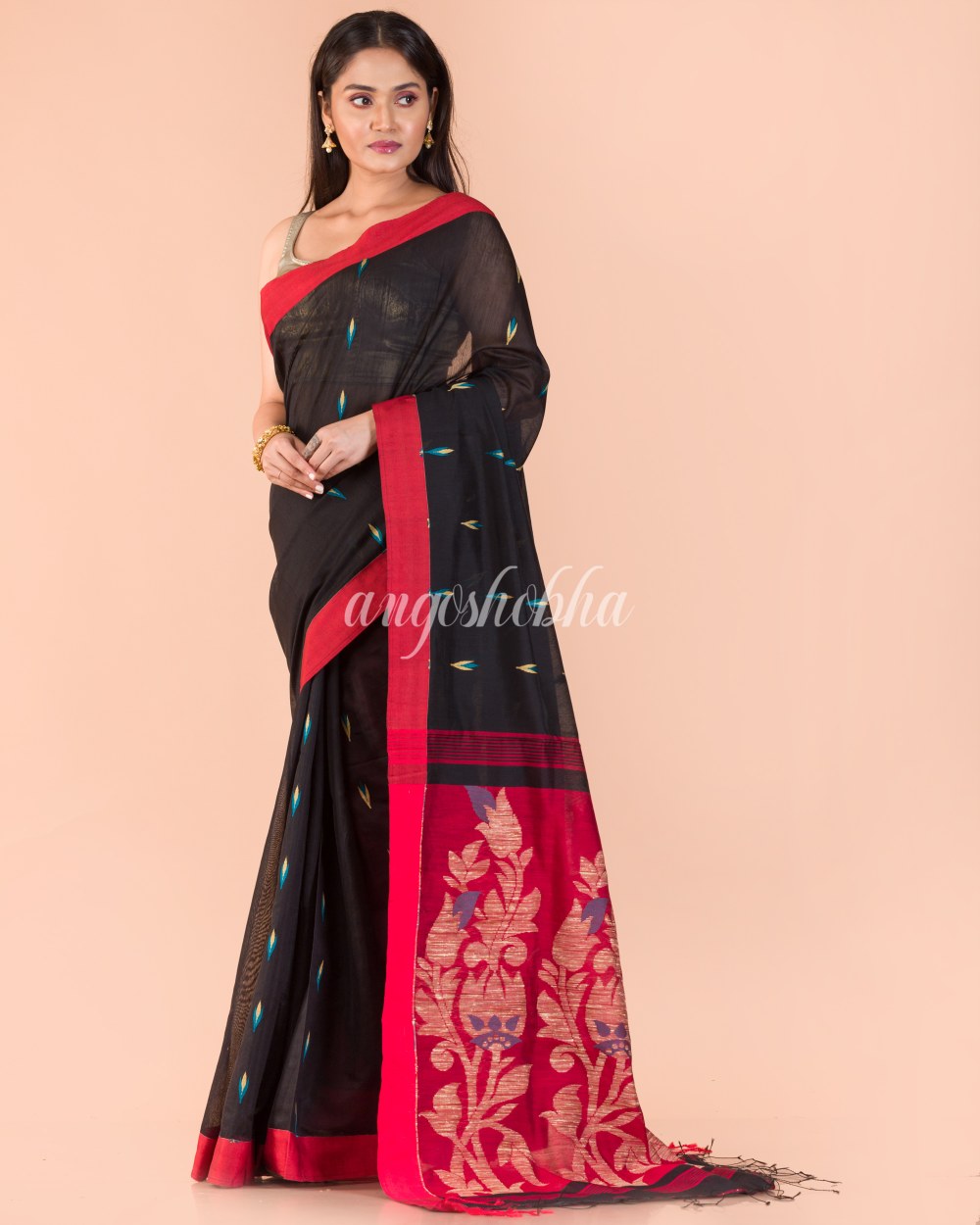 Black Blended Cotton Jamdani Saree angoshobha