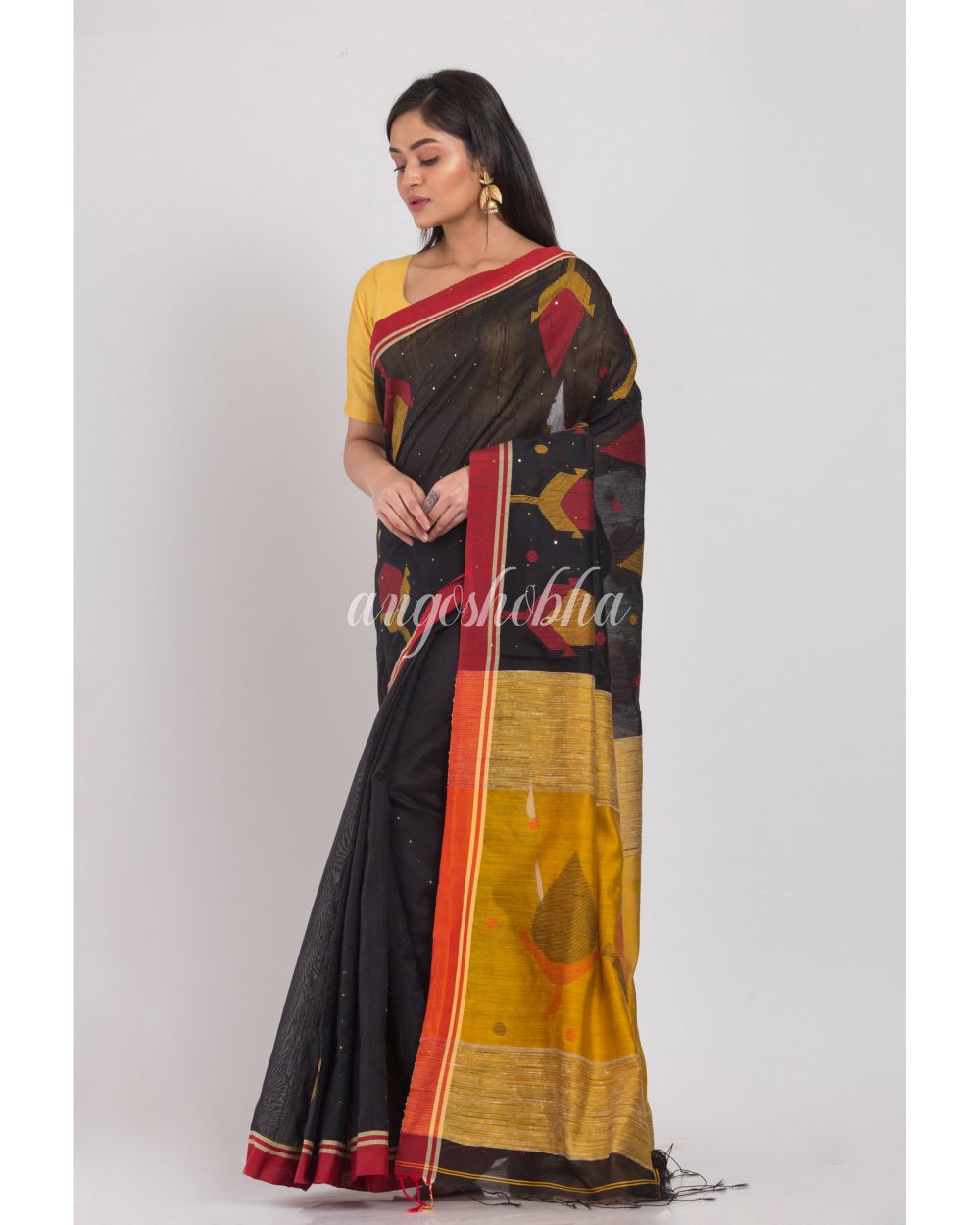 Black Blended Cotton Jamdani Saree angoshobha