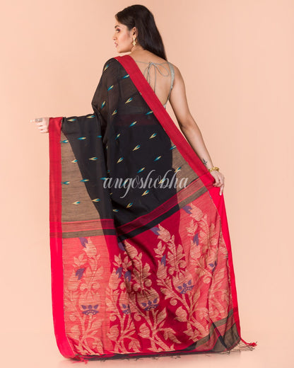 Black Blended Cotton Jamdani Saree angoshobha