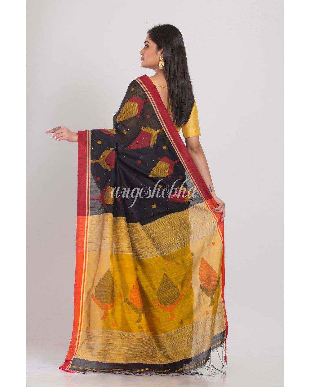 Black Blended Cotton Jamdani Saree angoshobha