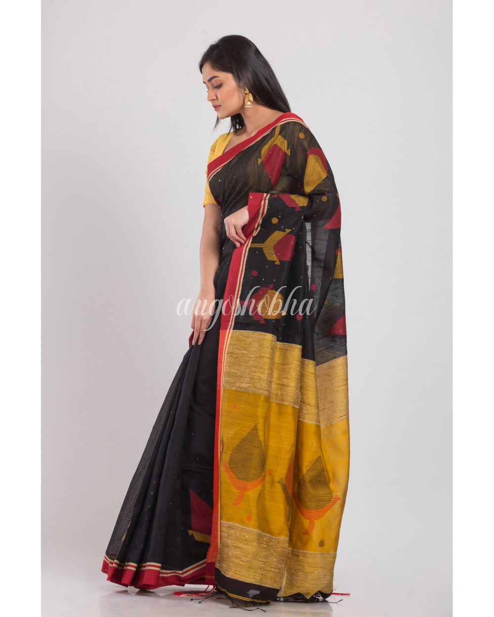 Black Blended Cotton Jamdani Saree angoshobha