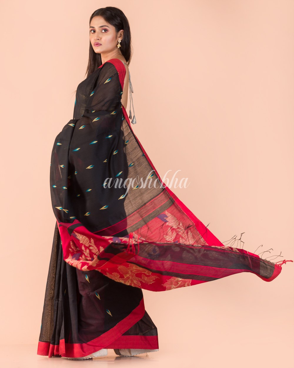 Black Blended Cotton Jamdani Saree angoshobha