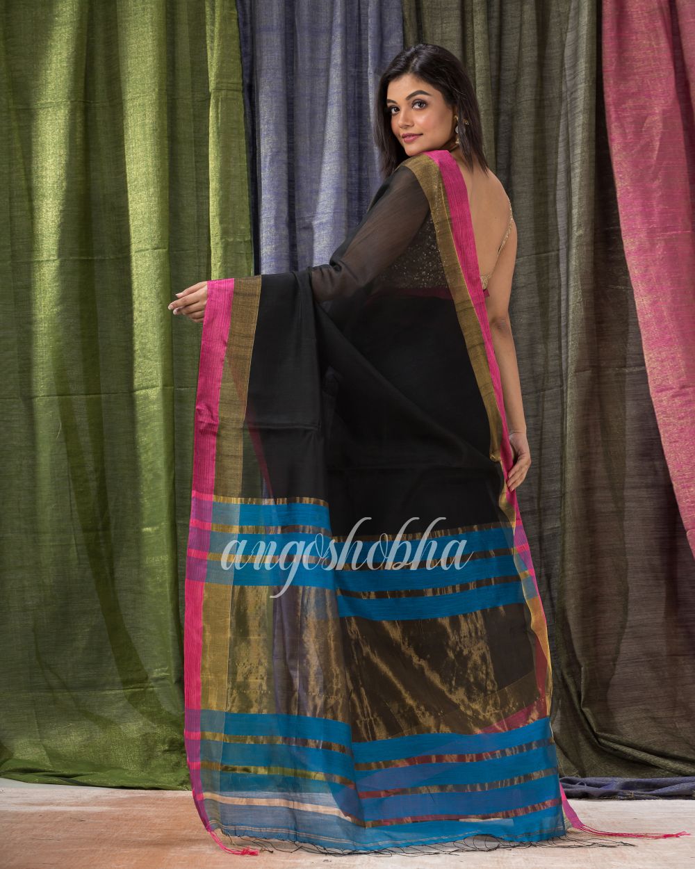 Black Blue Cotton Blend Handloom Festive Saree angoshobha
