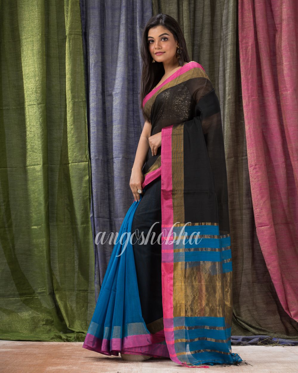 Black Blue Cotton Blend Handloom Festive Saree angoshobha