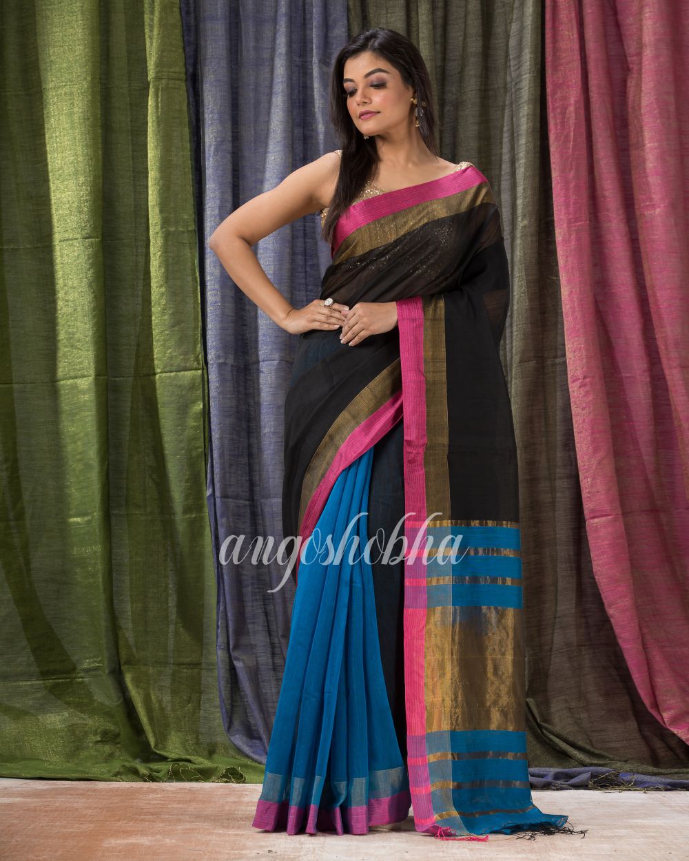 Black Blue Cotton Blend Handloom Festive Saree angoshobha