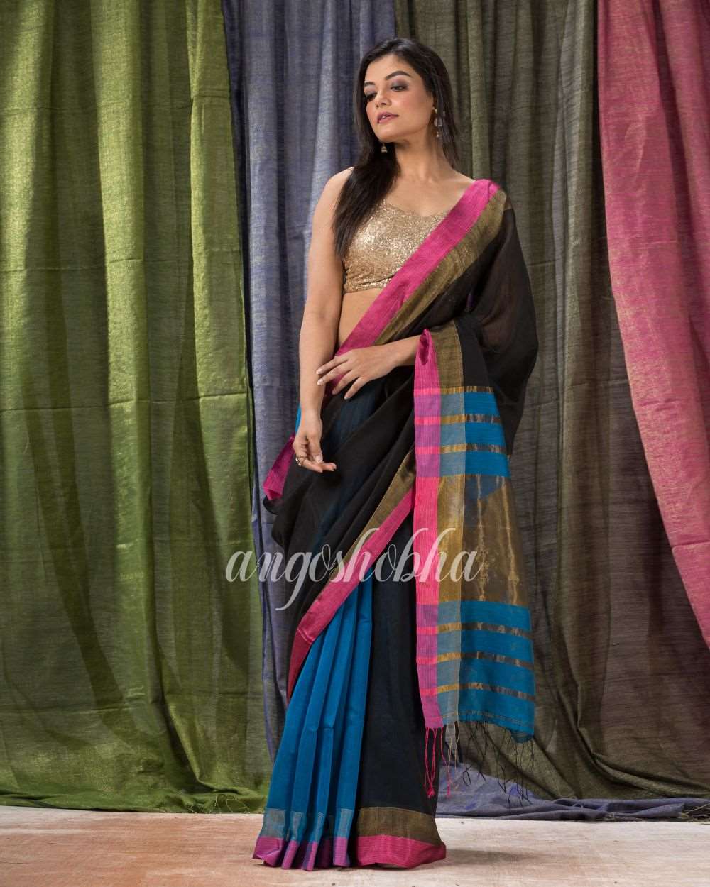 Black Blue Cotton Blend Handloom Festive Saree angoshobha