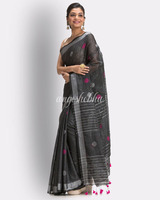 Black Cotton Blen Handloom Jamdani Saree angoshobha