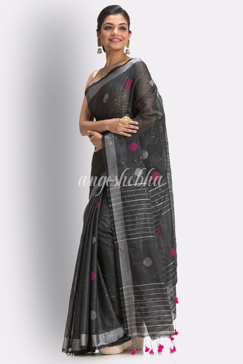 Black Cotton Blen Handloom Jamdani Saree