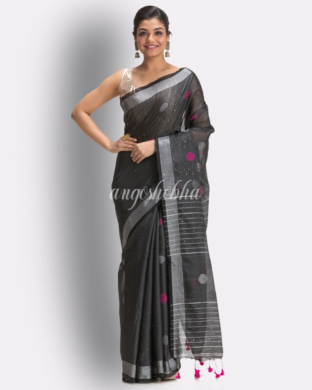 Black Cotton Blen Handloom Jamdani Saree angoshobha