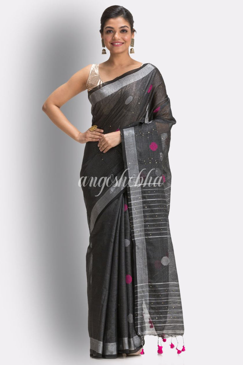 Black Cotton Blen Handloom Jamdani Saree
