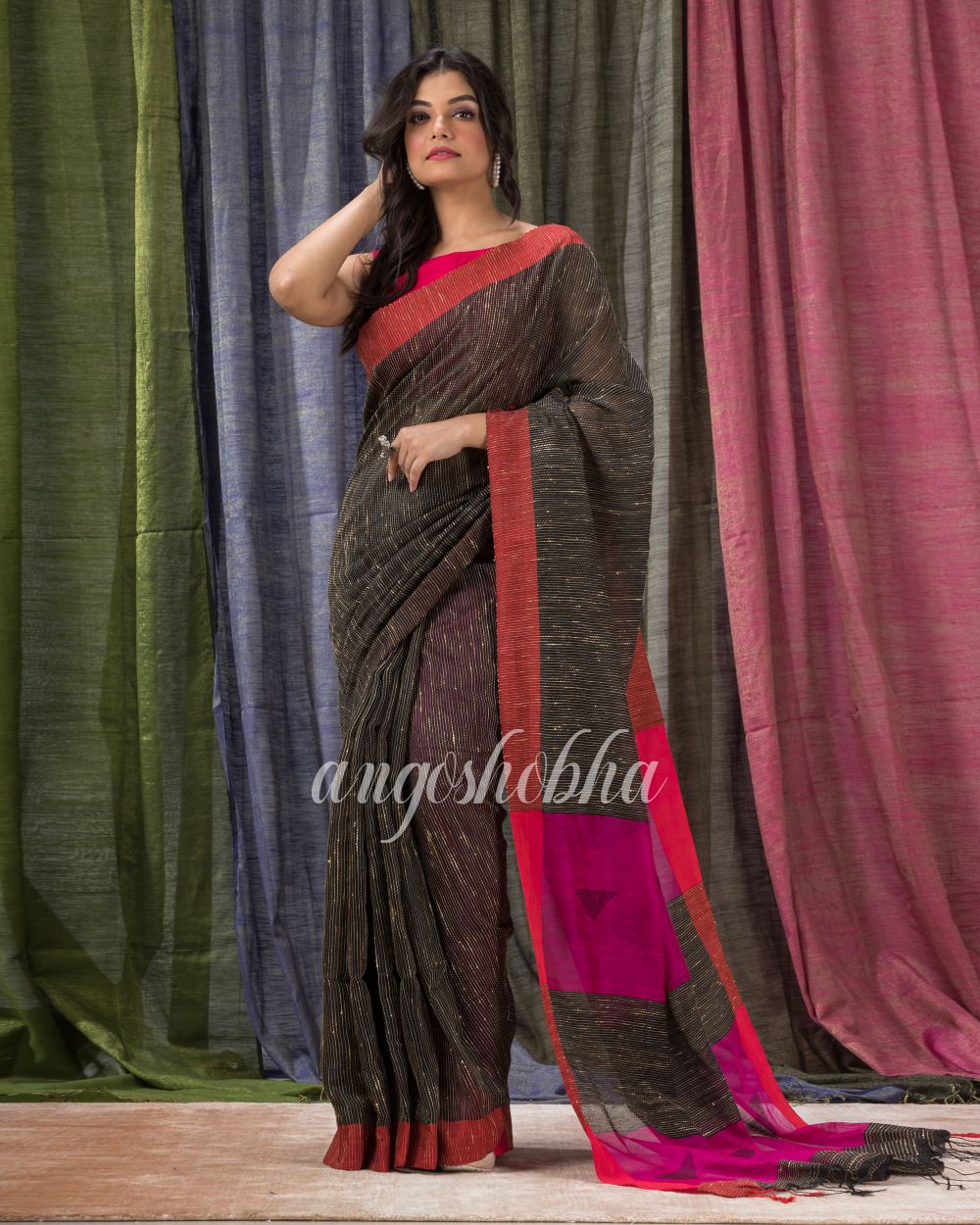 Black Cotton Blend Festive Handloom Saree angoshobha