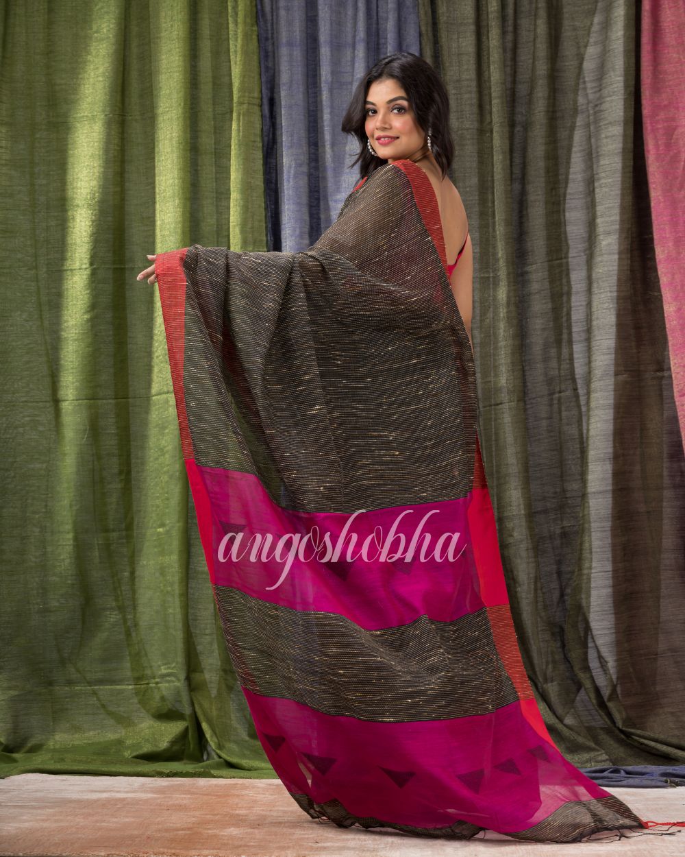 Black Cotton Blend Festive Handloom Saree angoshobha