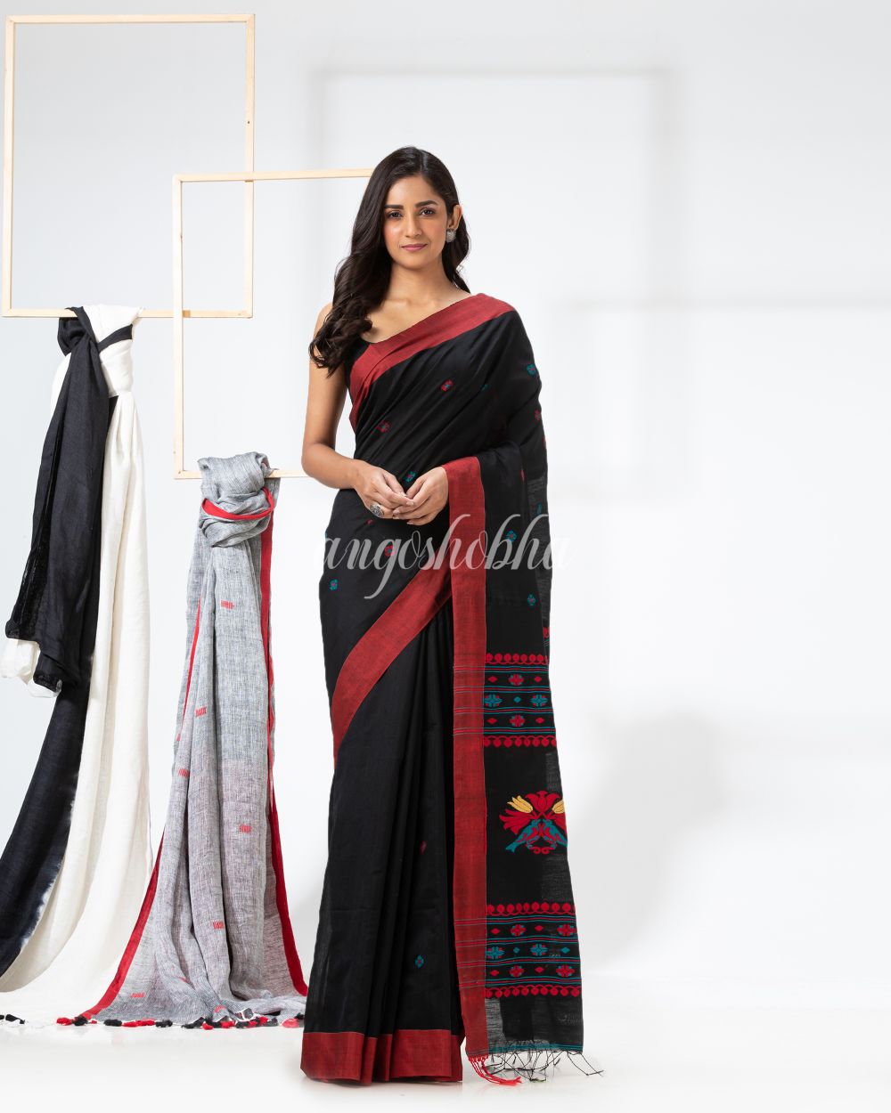 Black Cotton Blend Festive Jamdani Saree angoshobha