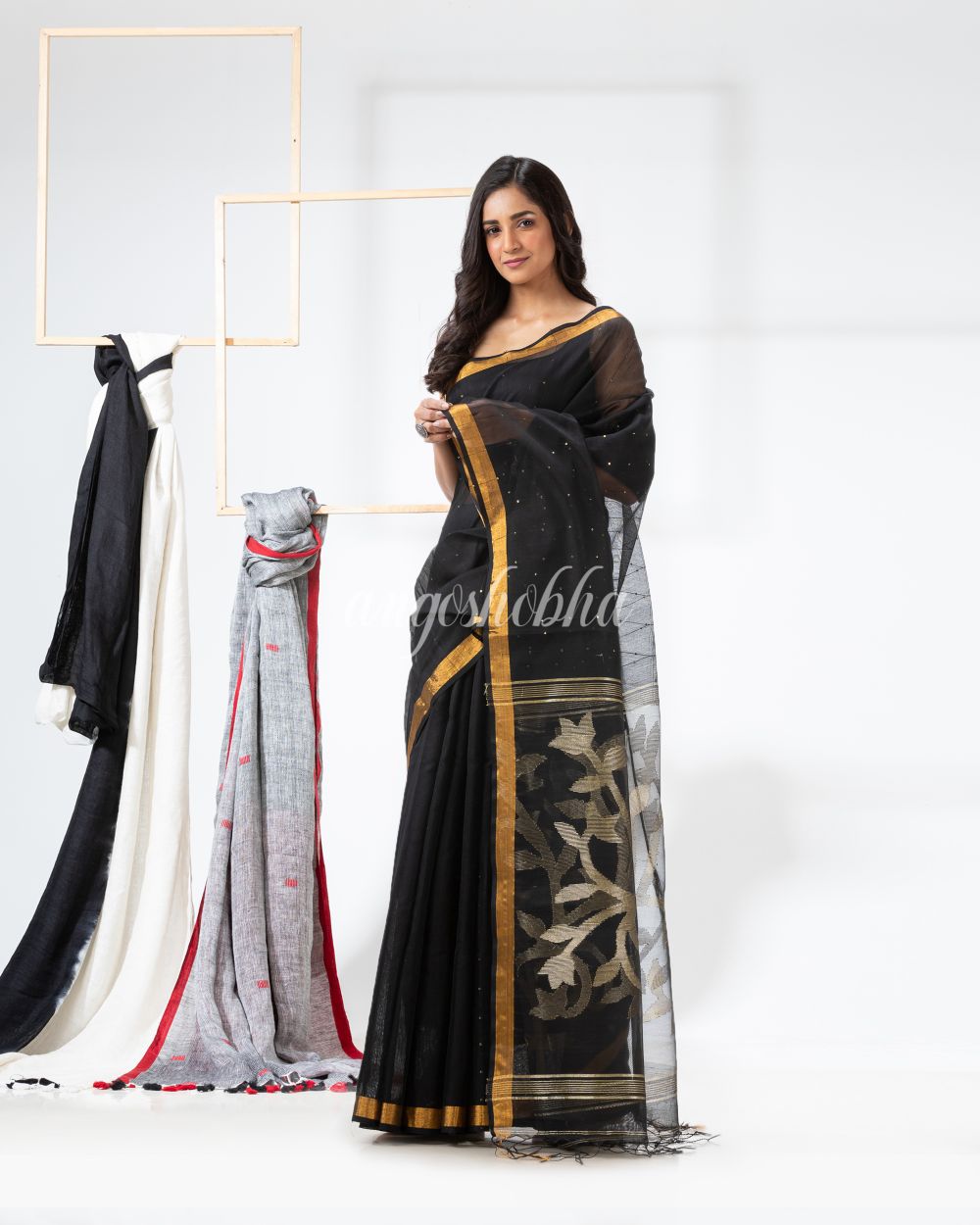 Black Cotton Blend Festive Jamdani Saree angoshobha