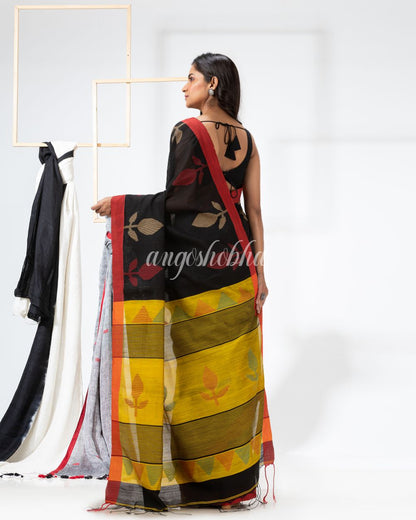 Black Cotton Blend Festive Jamdani Saree angoshobha