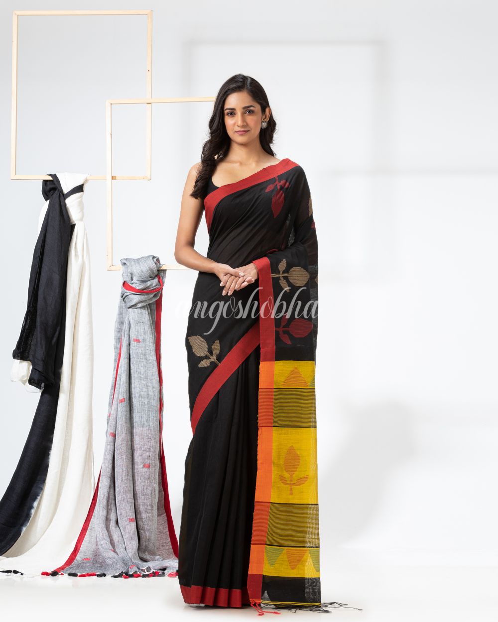 Black Cotton Blend Festive Jamdani Saree angoshobha