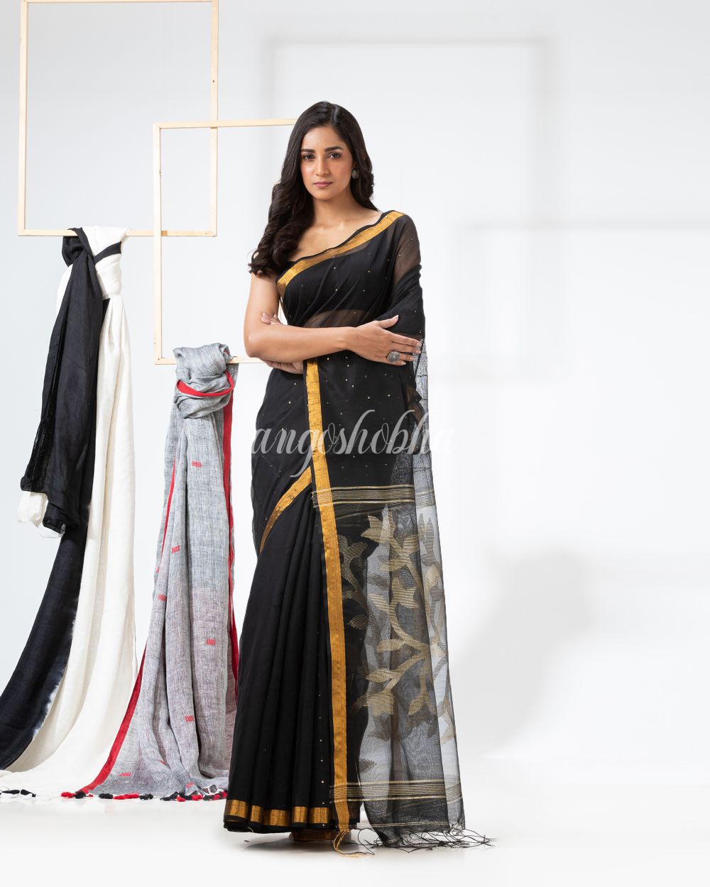 Black Cotton Blend Festive Jamdani Saree angoshobha